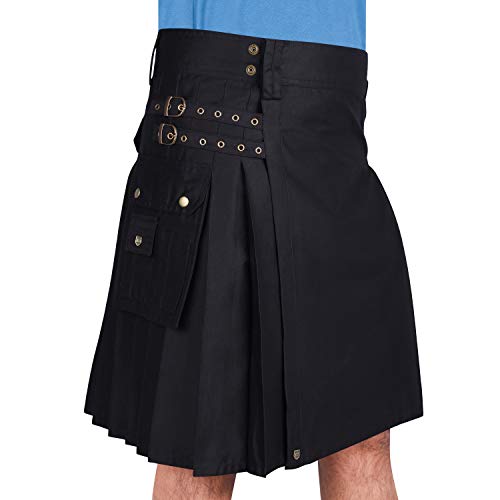 Cotton Jeans Utility Kilt for Men with Cargo Pockets-Black Cotton Kilt for Men