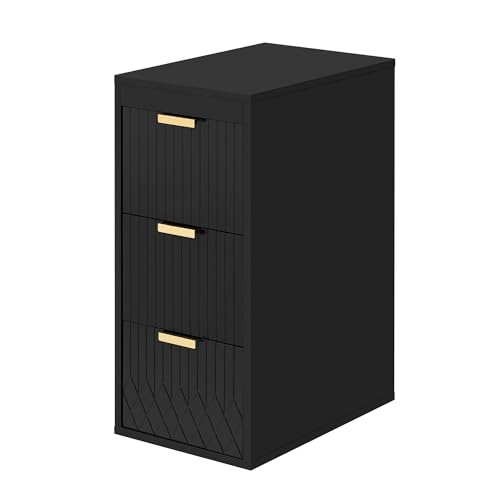 Virubi 12 Inch Floating Bathroom Side Cabinet, Wall Mounted Bathroom Storage Cabinet with 3 Drawers, Modern Slim Organizer with Decor Line, Gold Metal Pulls