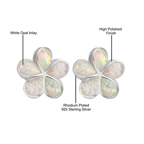 925 Sterling Silver Created Opal Hawaiian Plumeria Flower Stud Earrings, Nickel Free Hypoallergenic for Sensitive Skin, Rhodium Finished, Gift Box Included4