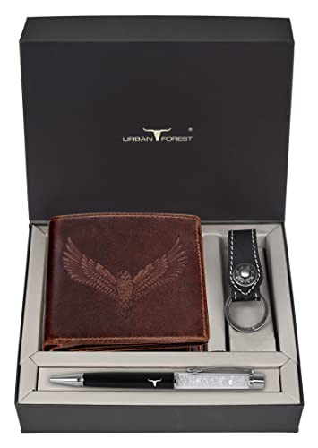 Image of URBAN FOREST Zylo Caramel Brown Leather Wallet + Keychain + Pen Combo Gift Set for Men