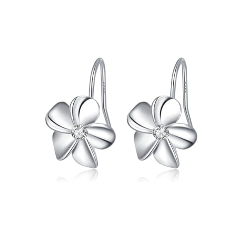 Reffeer Solid 925 Sterling Silver Hawaiian Plumeria Flower Drop Earrings for Women Teens CZ Flower Drop Earrings Dangle
