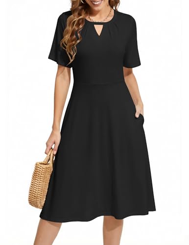 Zeagoo Kleider Damen Sommer Elegant Kleid Kurzarm Rundhals Sommerkleid Stretch Tunikakleid mit Taschen Schwarz M