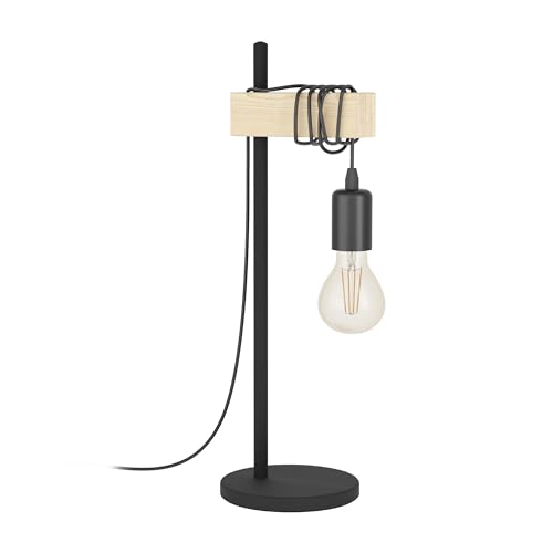 EGLO Tischlampe Townshend, Vintage Tischleuchte im Industrial Design, Retro Lampe, Nachttischlampe aus Stahl und Holz, Farbe Schwarz, braun, FSC Zertifiziert, Fassung E27, inkl. Schalter