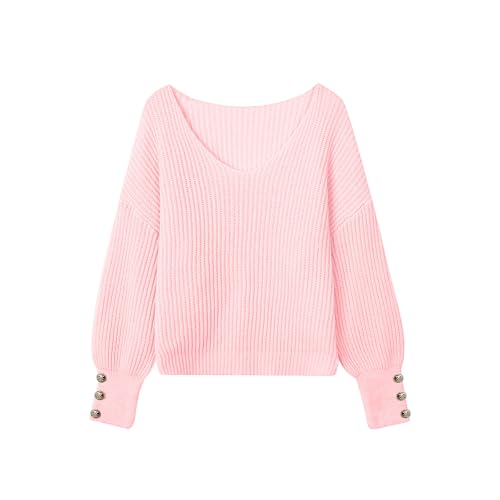 Women's Oversized V Neck Sweaters Fall 2025 Dressy Casual Lightweight Ribbed Knit Pullover with Decorative Buttons3