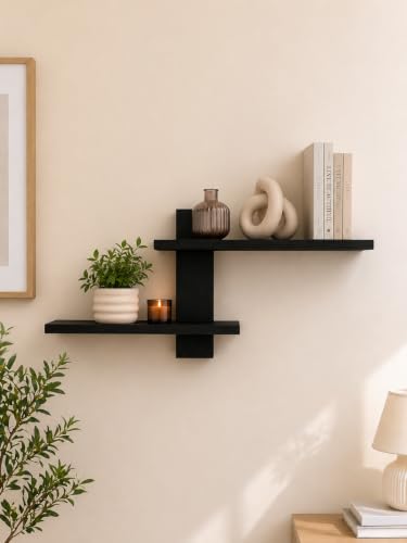 Image of Wooden Floating Wall Shelf for Living Room Bedroom, Office & Home Decor MDF Engineered Wood Storage Shelf (Black)