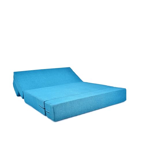 Image of Foldable Two Seater Sofa Bed 4X6 Ft Jute Fabric Washable Cover Convertible Sofa Bed for Home & Office, Guest Room (Finish Color Sky Blue - Pre-Assembled)