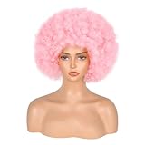 Aminow 70's Afro Wig for Women, Pink Short Afro Kinky Curly Wig, Glueless Synthetic Wig with Bangs, Puffy & Fluffy Bouncy Afro Wig for Daily Cosplay Party