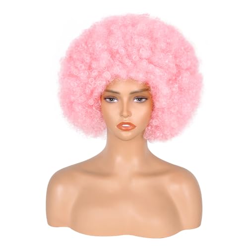 Aminow 70's Afro Wig for Women, Pink Short Afro Kinky Curly Wig, Glueless Synthetic Wig with Bangs, Puffy & Fluffy Bouncy Afro Wig for Daily Cosplay Party