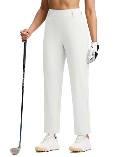 ISEEGZ Fleece Lined Pants Women Winter Golf Pant with Zipper Pockets Pull On Stretch Dressy Travel Work Casual Slacks White