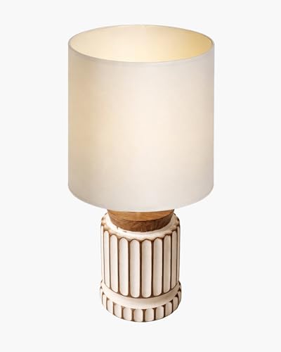 Image of Homesake Wooden Table Lamp | Handcrafted Bedside & Living Room Lamp | Bulb Included | Warm Light | Desk Nightstand Light, Decor Lamp for Bedroom, Study & Home Decor, (KD Off-White Drum)