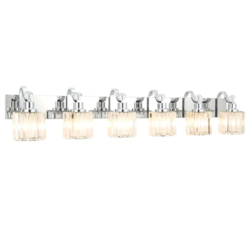 Image of GAOMON LED Modern Crystal Bathroom Vanity Lights Over Mirror, Chrome Bathroom Light Fixtures Wall Light (6-Light)