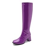 LIURUIJIA Purple Gogo Boots for Women Knee High Square Toe Block Heel Disco Costume Zipper Tall Boots 38(240/US7.5)
