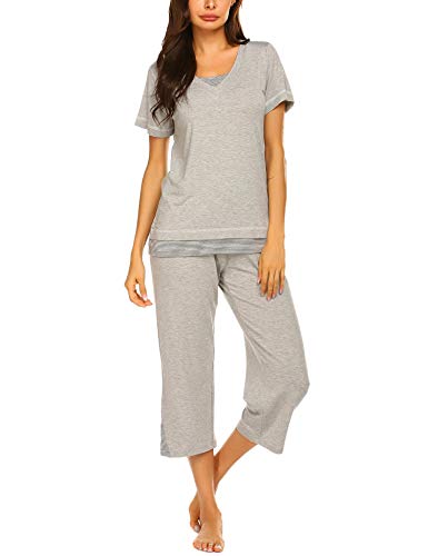 Ekouaer Capri Pj Lounge Sets Ladies Jammies Sleepwear Set Short Sleeve Night wear Tank PJ Pajama Set (Gray,L)