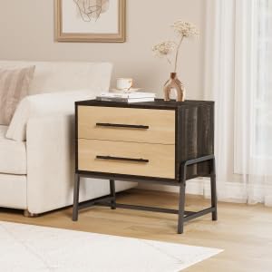 Garvee Mesita de Noche con Patas en Forma de R, Cuerpo Marrón Oscuro y Cajón en Madera Natural – Mueble de Dormitorio Estilo Nórdico con 1 Cajón, 1 Unidad
