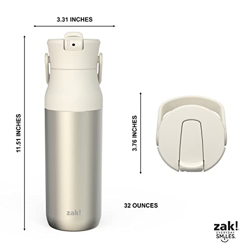 Image of Zak Designs Harmony Water Bottle for Travel or At Home, 32oz Recycled Stainless Steel is Leak-Proof When Closed and Vacuum Insulated with Straw Lid and Carry Handle (Ivory White)
