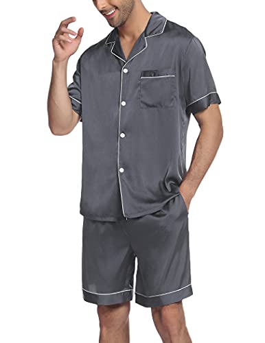 Ekouaer Men Satin Silk Pajamas Set with Pockets Sleepwear Shorts Satin Summer Loungewear 2 Piece Button Down Set S-3XL