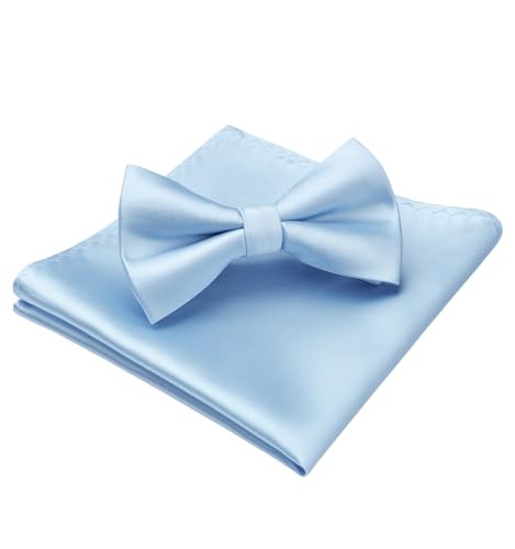 HISDERN Bow Ties for Men Blue Solid Color Pre-Tied Bow Tie and Pocket Square Classic Formal Tuxedo Bowties for Wedding Party