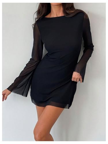 Image of GORGLITTER Women's Cheetah Leopard Animal Print Dress Y2k Backless Mesh Long Sleeve Bodycon Mini Dresses Black Small