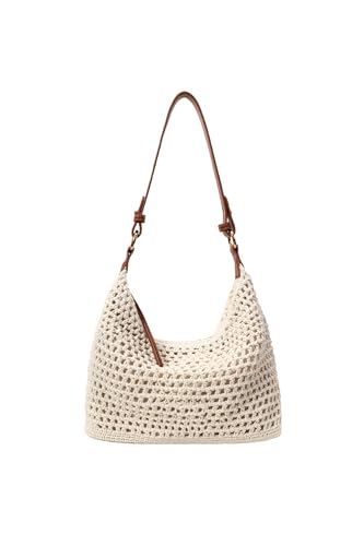 Bolsa feminina pequena de algodão com cordão de crochê tecida à mão bolsa de verão para praia bolsa Hobo de malha boêmia bolsa de ombro, C - bege, 28cm x 10cm x 22cm, Despojado