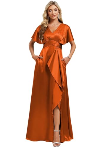 Image of Elegant Satin Bridesmaid Dress with Sleeves Ruffles High Silt Formal Dresses Long for Women Fall DIN022