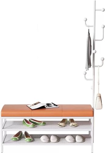 IisrAr Perchero Banco de Zapatos 3 en 1 Pasillo Árbol Perchero de Metal para Dormitorio Sala de Estar Entrada/Blanco/80Cm