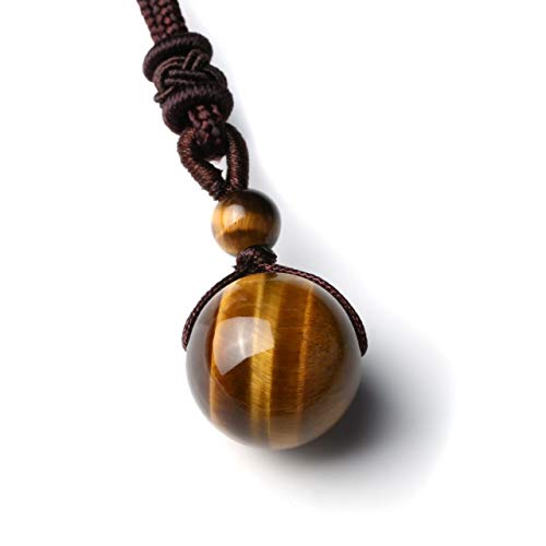 Jovivi Healing Crystals Necklace Natural Tiger Eye Amethyst Lucky Blessing Protection Chakra Beads Stone Pendant for Women Men Adjustable, 16mm bead diameter, 18"-26" adjustable length, Stone Nylon