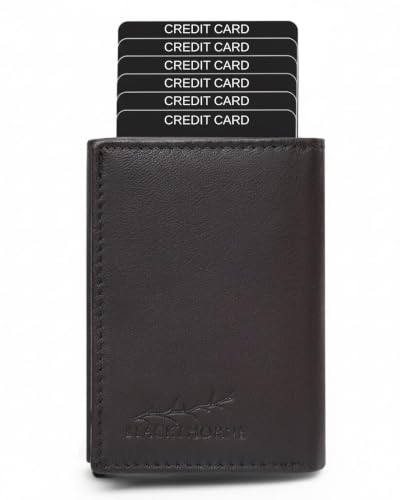 Image of BLACKTHORNE Men's RFID Blocking Leather Wallet | Slim Trifold Wallet with Pop-Up Metal Card Holder for 6 Cards | Extra Card Slots, Cash Compartment & Secure Button Closure Travel Wallet (Brown)