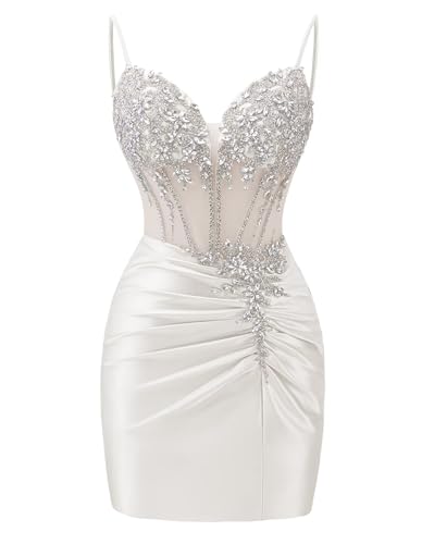 White Beaded Homecoming Dress Satin Ruched Bodycon HOCO Mini Dresses US12