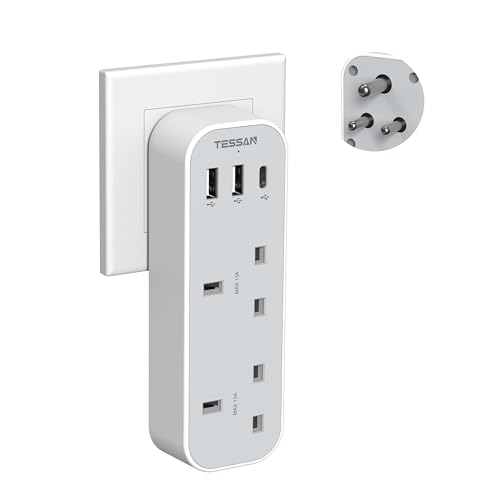 UK to India Plug Adapter TESSAN Type D Travel Adaptor with 3 USB Ports (1 USB C) Indian 2 Way 3 Pin Grounded Adapter for Sri Lanka Pakistan Nepal Maldives Iraq Namibia Burma Yemen