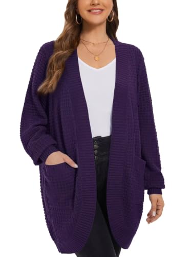 Image of LARACE Long Cardigans for Women Plus Size Tops Open Front Sweaters with Pockets Waffle Ribbed Sleeve Loose Fall Outwear