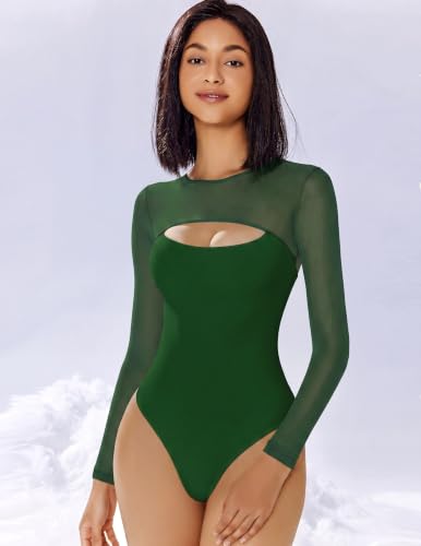 Image of Avidlove Bodysuits for Women Round Neck Long Sleeve Mesh Bodysuit