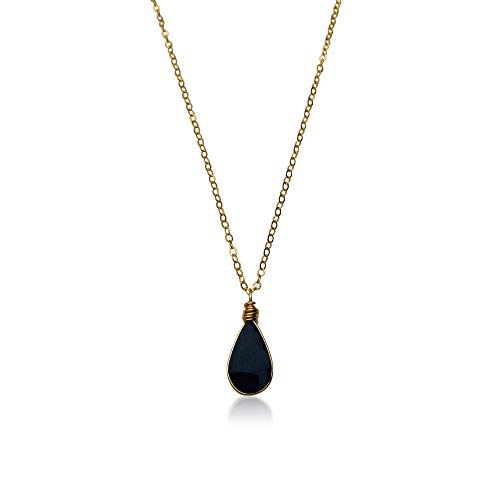 Black Obsidian Stone Pendant Necklace for Women 14K Gold Filled 18 Inch Dainty Chain - Simple Delicate Minimalist Handmade Gemstone Jewelry Gift