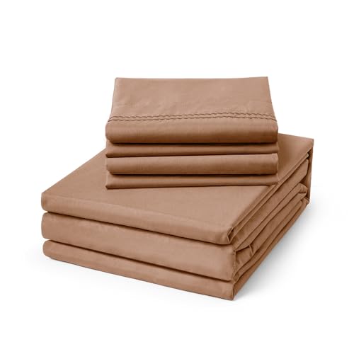 ClevaHome Queen Size Sheets - 6 Piece Soft Breathable Luxury Bed Sheet Set - Shrinkage & Fade Resistant Embroidered Bedding Sheet with 14-inch Deep Pocket 2 Extra Pillowcases (Queen Sandy Brown)