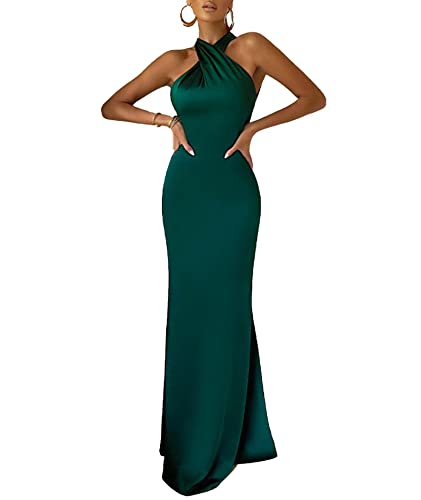 Image of xxxiticat Women's Satin Long Dress Sleeveless Halter Neck Backless Buckle Slip Cold Shoulder Mermaid Prom Party Maxi Dress