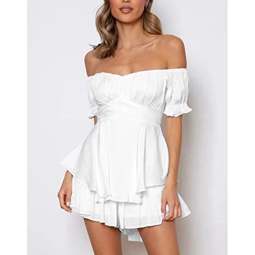 Korte Romper voor Dames Lantaarn Mouw Jumpsuit Van Schouder Shorts Sexy Ruche Playsuit - Image 6