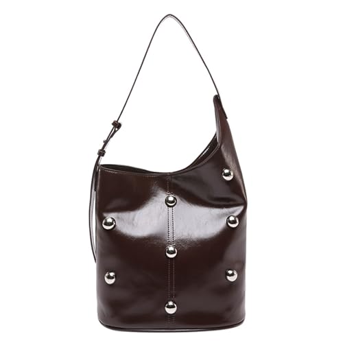 FOLODA Bolso multiusos para mujer con diseños tachonados y correa ajustable para el hombro, remaches, cuentas, bolso grande en las axilas, remaches con tachuelas, bolsos para mujer, Color café, One