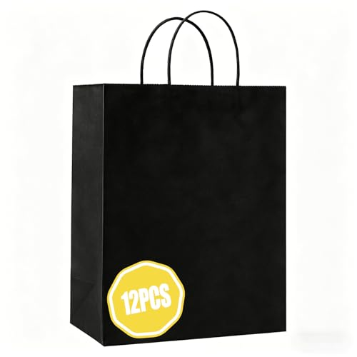 Crisgus 12 Kleine Schwarze Kraftpapier Geschenktüten mit Henkeln 15x8x21 cm
