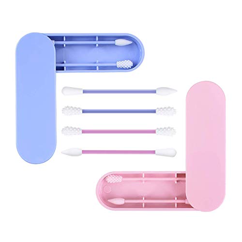 Preisvergleich Produktbild 2 PCS Wiederverwendbarerwaschbar Wattestäbchen, Doppelseitige Umweltfreundliche Silikon-Wattestäbchen Ohrreinigungs-Picks Cosmetic Bud Stick mit Aufbewahrungskoffer (Blau +Pink)