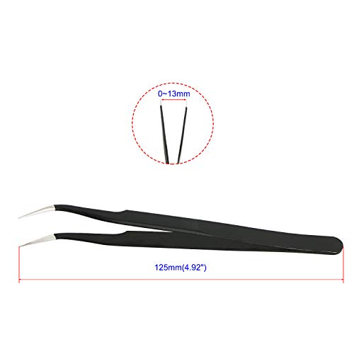 Aoje-Link ESD-17 Professional Anti-Static Precision Technology Tweezers, Non-Magnetic Fine Tip Curved, Stainless Steel Plastic Coated, Full Length 125mm, Black, 4pcs - Image 2