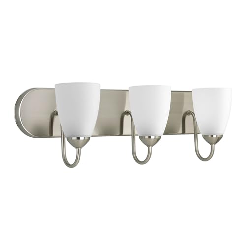 Progress Lighting Gather Collection 3-Light Etched Glass Traditional Bath Vanity Light Brushed Nickel