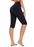 baleaf Women's Knee Length Cotton Capri Leggings with Pockets, High Waisted Casual Summer Yoga Workout Exercise Pants Black M