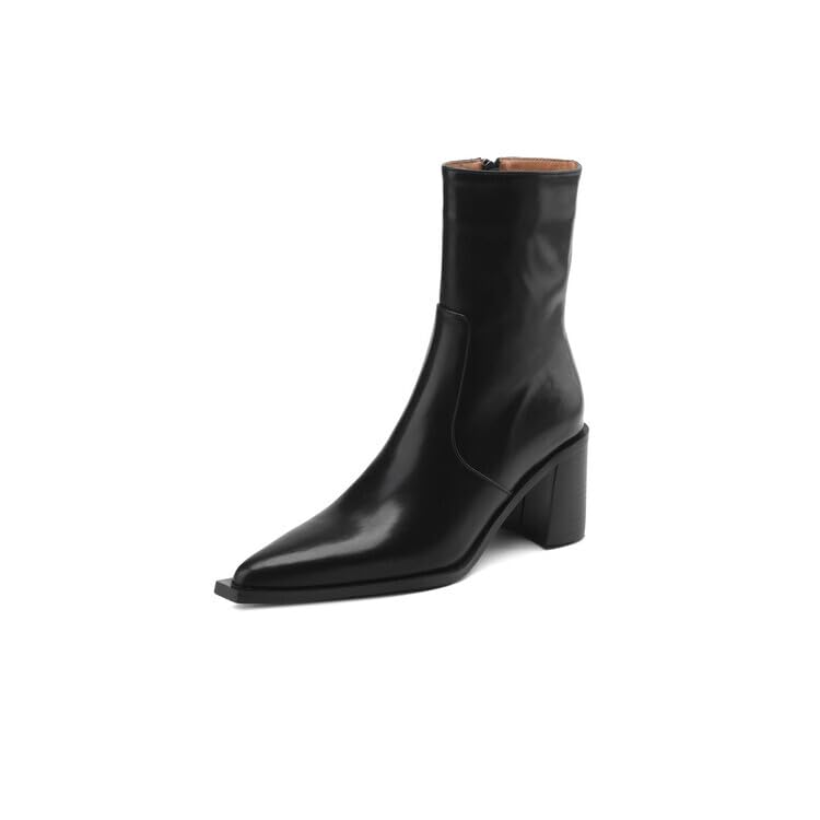 Womens Ankle Boots Chunky Heel Dress Boot Mid-Calf Fashion Pointed Toe Low Heel Comfortable Leather Booties for Women