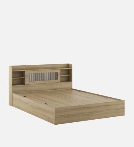 Image of Mintwud Pepperfry Engineered Wood Cavour Queen Size Bed with Box Storage and Open Shelves | Wooden Double Bed Cot Palang Furniture for Living Room Bedroom Home and Hotels (Santana Oak Finish)