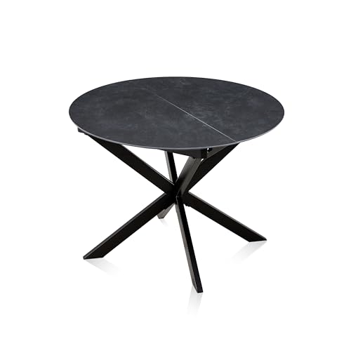 duehome | Onix, Mesa de Comedor Redonda Extensible, Mesa Ceramica, Acabado en Negro y Negro, Medidas: 100-140 cm (Largo) x 100 cm (Ancho) x 75 cm (Alto)