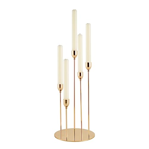VINCIGANT Gold Taper Candle Holders,Metal 5 Arms Candelabra Candlestick Holders for Christmas Home Decor, Wedding Dinner Table Centerpieces Decoration,Thanksgiving Gift（Candle Excluded）