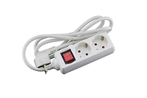 Tecnolux Euro meervoudige sokkel comfort en veiligheid – stekkerdoos met 2 stopcontacten, overspanningsbeveiliging, 2 stekkers, 5 m kabel, wit en stroom met schakelaar