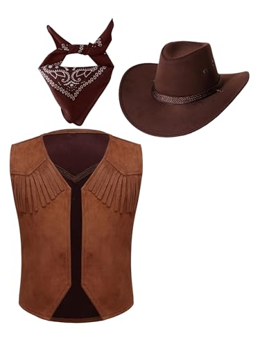 Kids Unisex Western Cowboy Vest Open Front Tassel Waistcoat Halloween Outfit with Bandanna and Hat