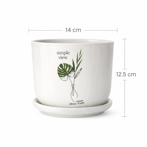 Image of Xtore Ceramic Planter with Drainage Tray | Minimal Botanical Print Flower Pot for Home, Study Table, Office Desk & Window Decor - (White, 1 Piece, Planter ONLY)
