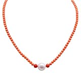 JYXJEWELRY Single Strand Coral Choker Necklace Orange Coral Necklace with Freshwater Pearl for Women 16'