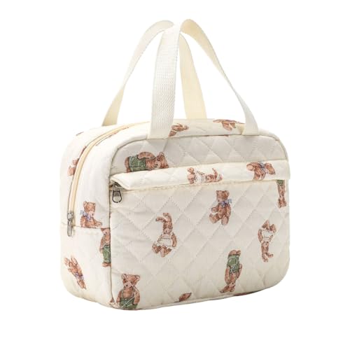 Image of MAYCREATE Large Quilted Makeup Bag Floral Cotton Travel Cosmetic Organizer with Handle for Daily Use and Trips